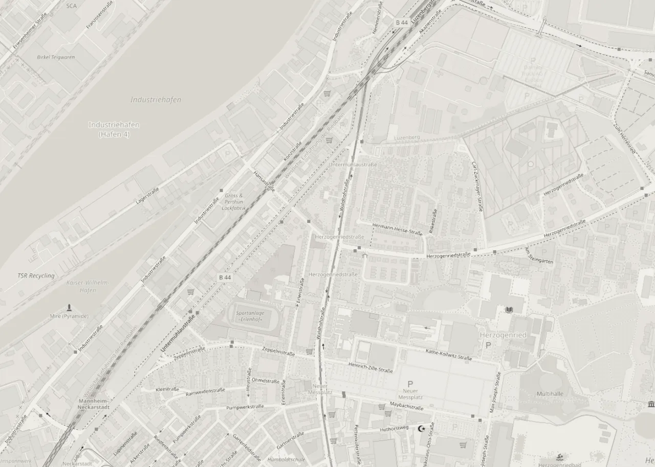 Kartenausschnitt Mannheim zwischen Industriehafen und Herzogenried; die rote Markierung zeigt den Firmensitz in der Hansastraße 10-12